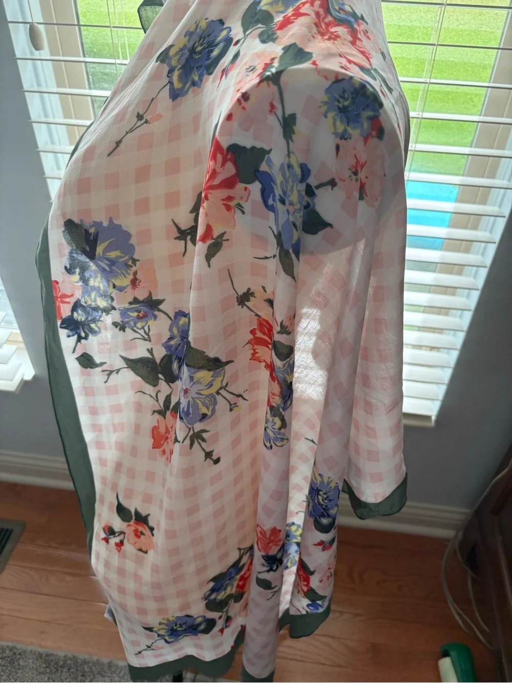 Talbots 100% Viscose Floral Gingham Scarf Wrap Pink Blue Green 68”x 25 1/2”